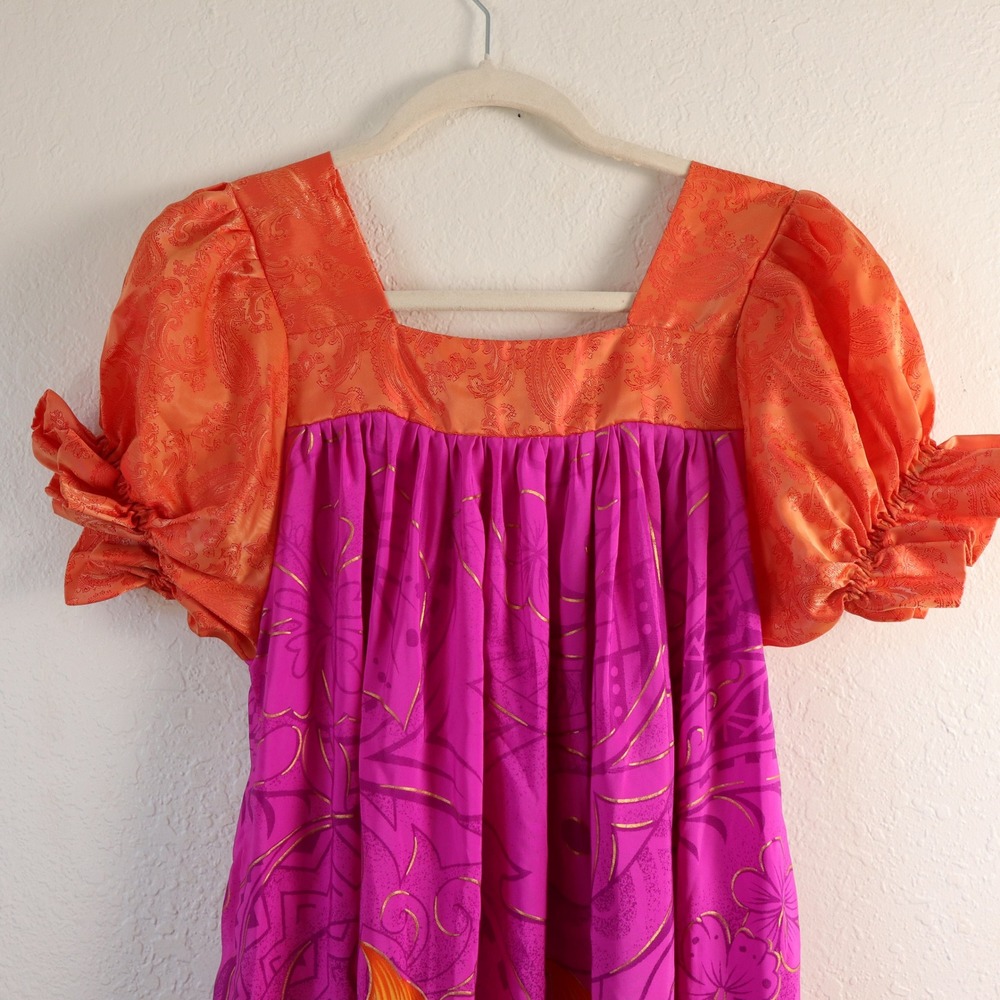 Vintage Handsewn Micronesian Dress Floral Orange Pink Square Neck Puff Sleeve - Picture 12 of 15